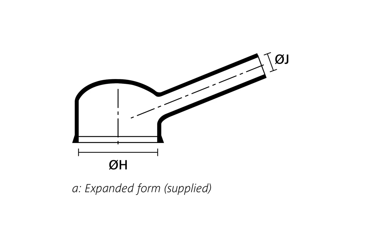 Technical drawing showing the expanded supplied form of a low profile right angle heat shrink molded shape