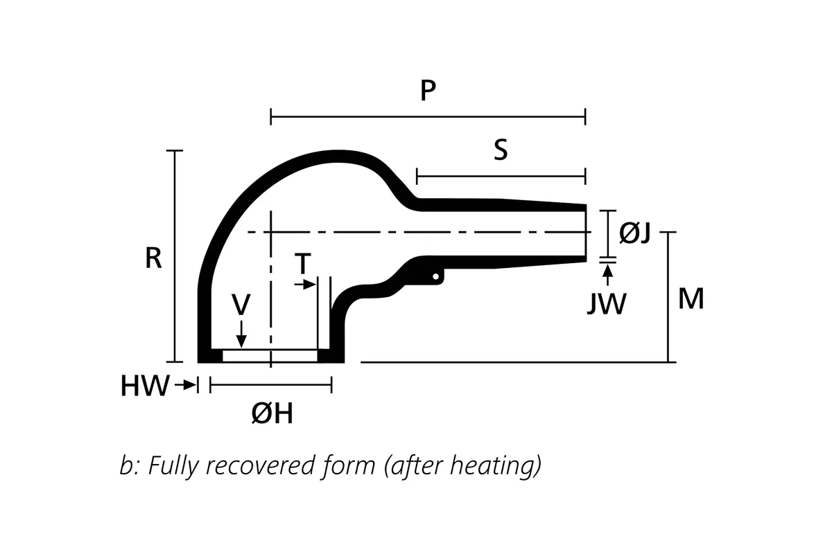 Technical drawing showing the fully recovered form of a right angle heat shrink molded shape with rib