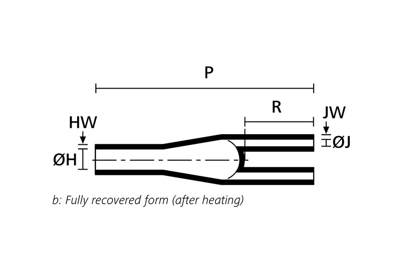 Technical drawing showing the fully recovered side view of a two way heat shrink outlet breakout boot
