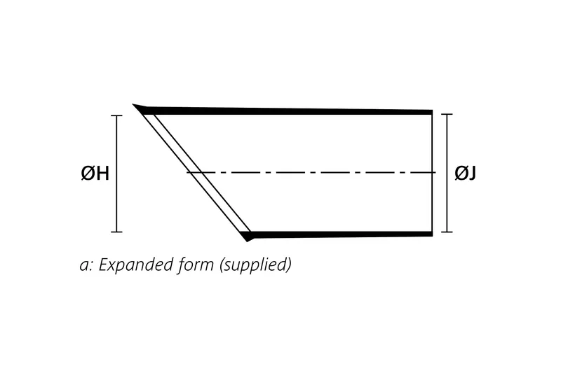 Technical drawing showing the expanded supplied form of a right angle heat shrink molded shape with rib