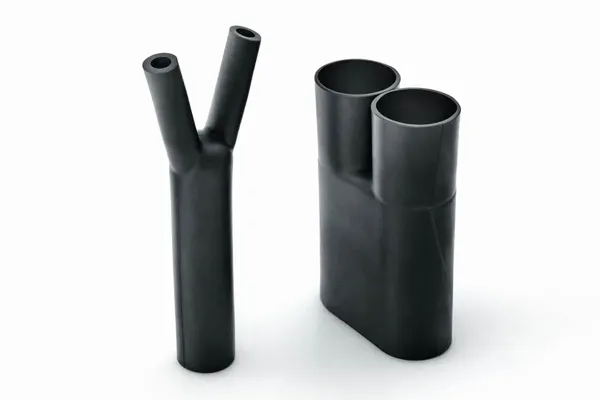Helashrink 200 low profile 2-way outlet heat shrink shape for multi-core cable routing and relief
