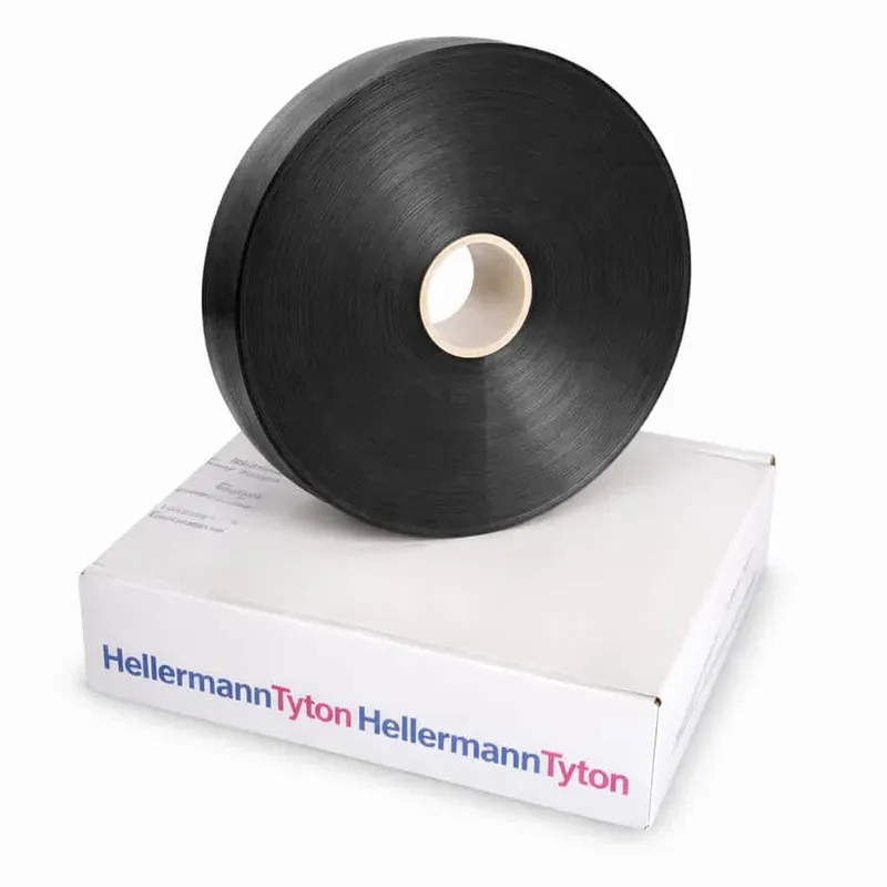 Roll of TSA-200 high temperature hot melt adhesive tape for low profile heat shrink products on box