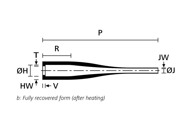 Technical drawing showing the fully recovered form of a graduated heat shrink strain relief
