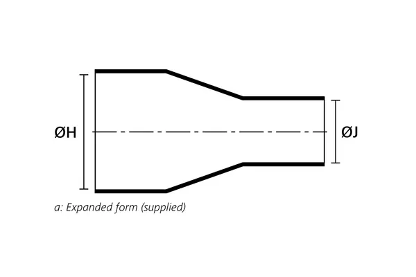 Technical drawing showing the expanded supplied form of a bottle shaped heat shrink molded shape without rib