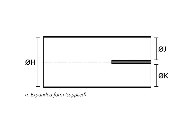 Technical drawing showing the expanded supplied form of a low profile two way heat shrink outlet shape