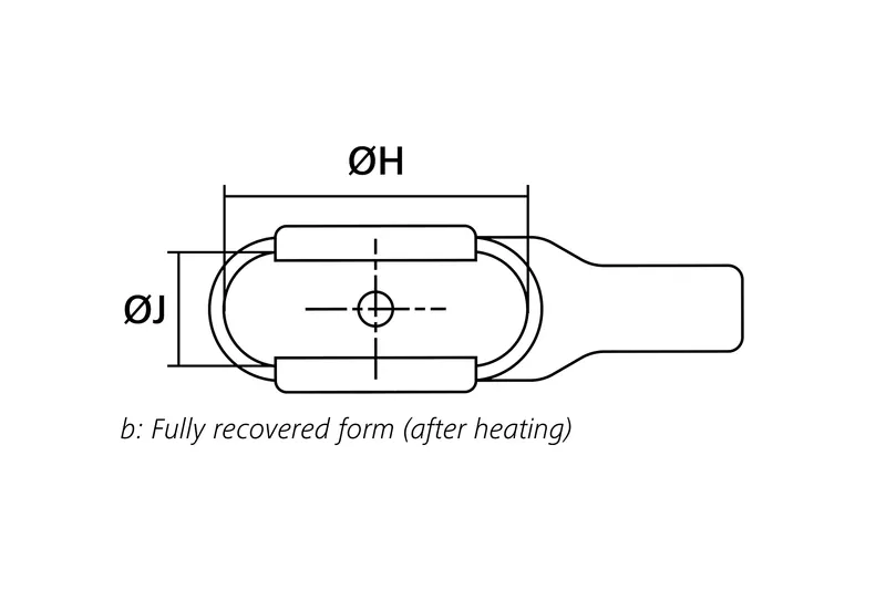 Technical drawing showing the fully recovered top view of a 90° heat shrink connector cover