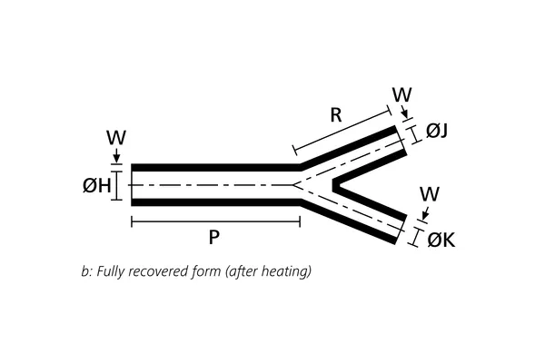 Technical drawing showing the fully recovered form of a low profile two way heat shrink outlet shape