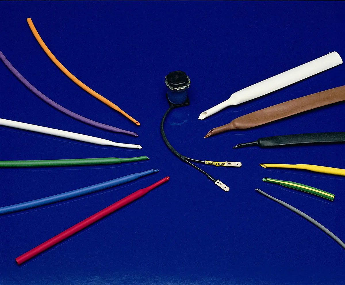 WS201 irradiated PVC heat shrink tubing in assorted colors demonstrating flexible, flame-retardant insulation for wire protection