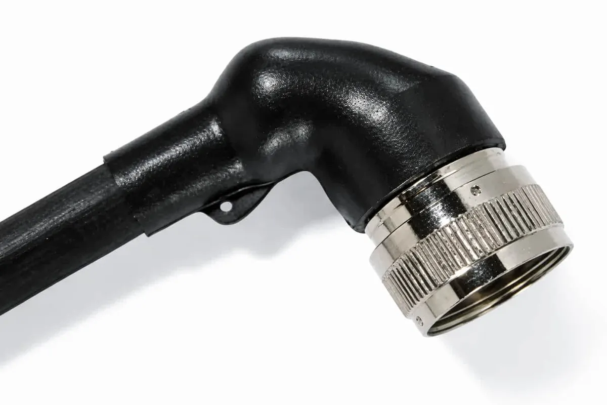 Helashrink 1100 right angle heat shrink shape with rib installed on circular connector for sealing