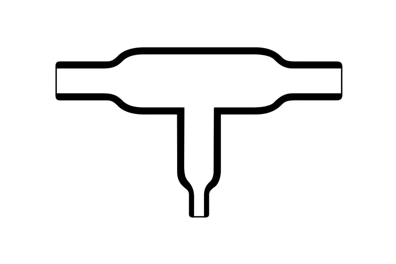 Overview diagram of Helashrink 1204-1 series offset T-shaped heat shrink molded shape for VG style cable harness transitions