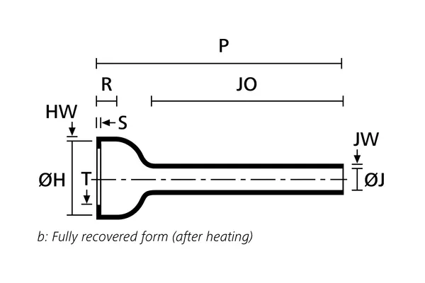 Technical drawing showing the fully recovered form of a low profile straight heat shrink boot