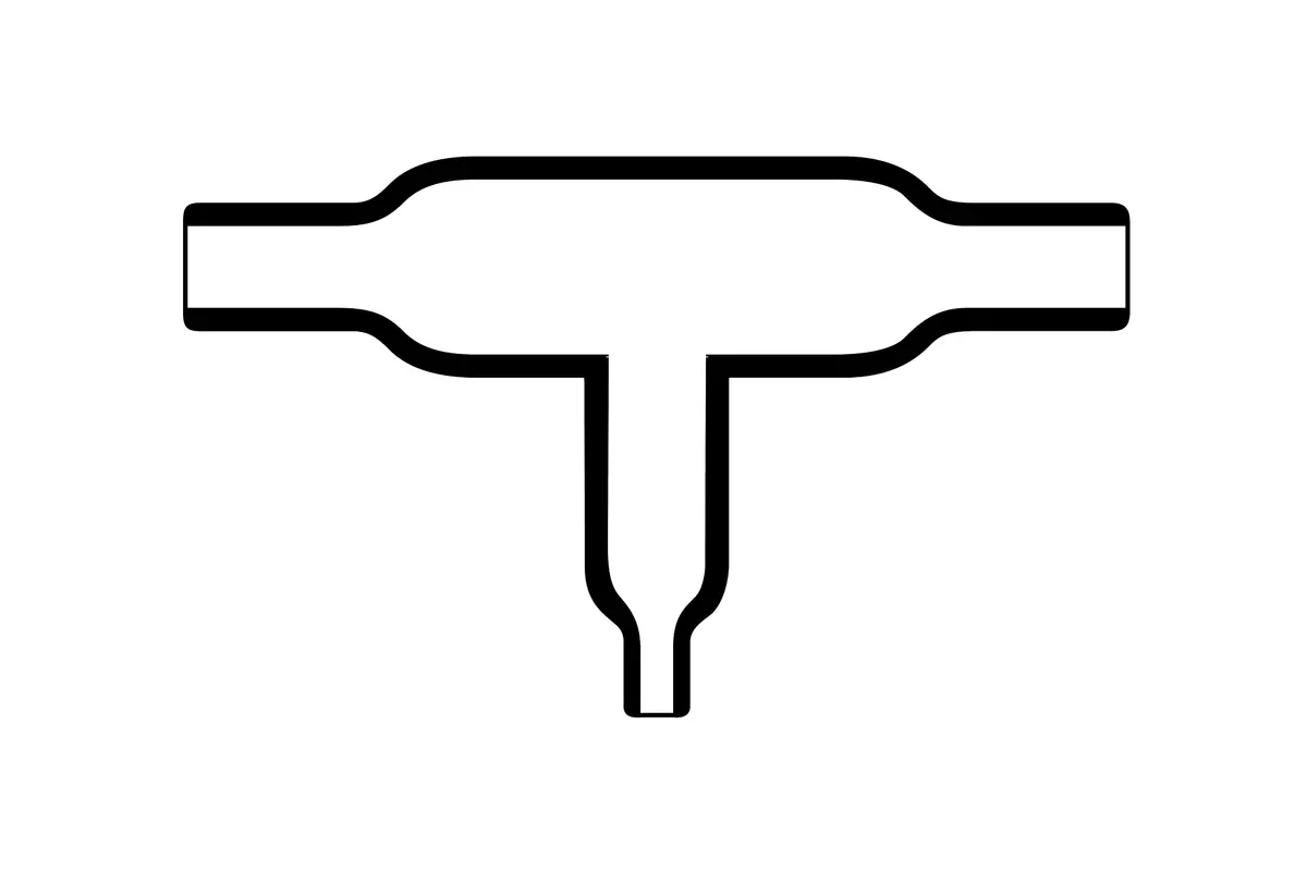 Overview diagram of Helashrink 1204-1 series offset T-shaped heat shrink molded shape for VG style cable harness transitions