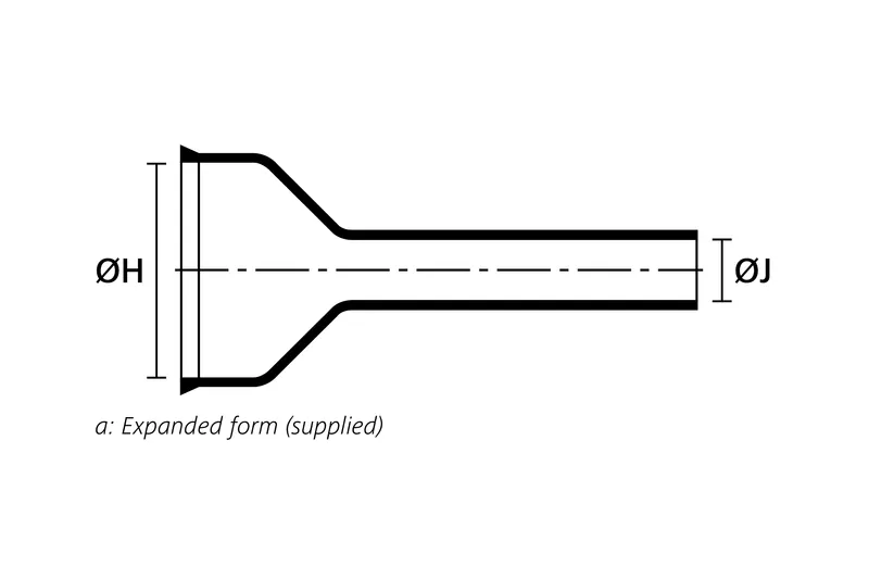 Technical drawing showing the expanded supplied form of a bottle shaped heat shrink molded shape with rib