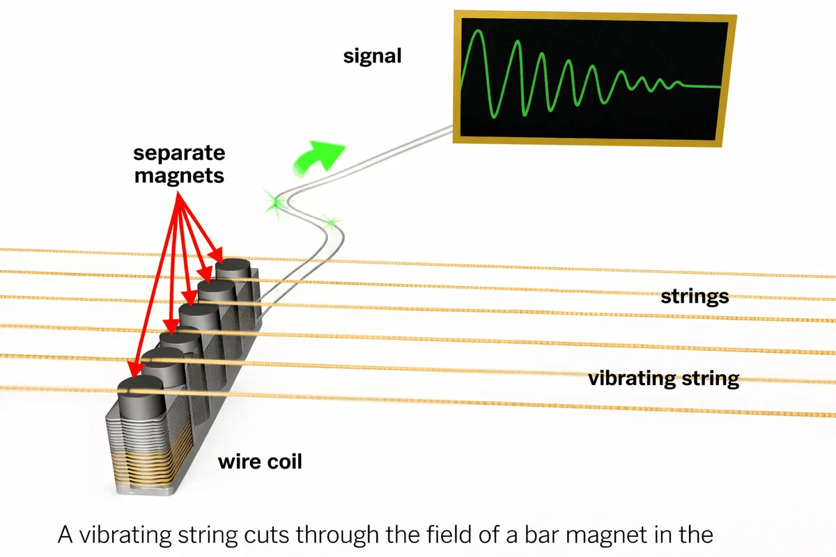 [ai] Diagram of electric guitar pickup with magnets wire coil and vibrating string generating signal