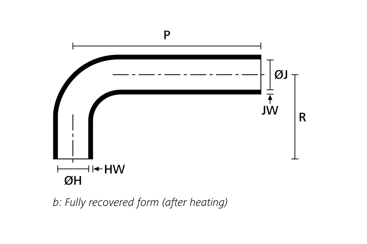 Technical drawing showing the fully recovered form of a 90° heat shrink elbow shape