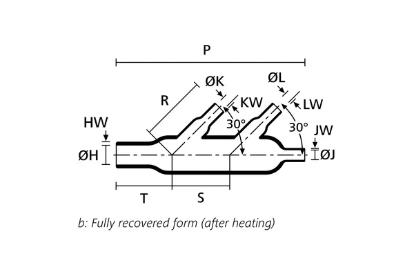 Technical drawing showing the fully recovered form of a double T heat shrink molded shape