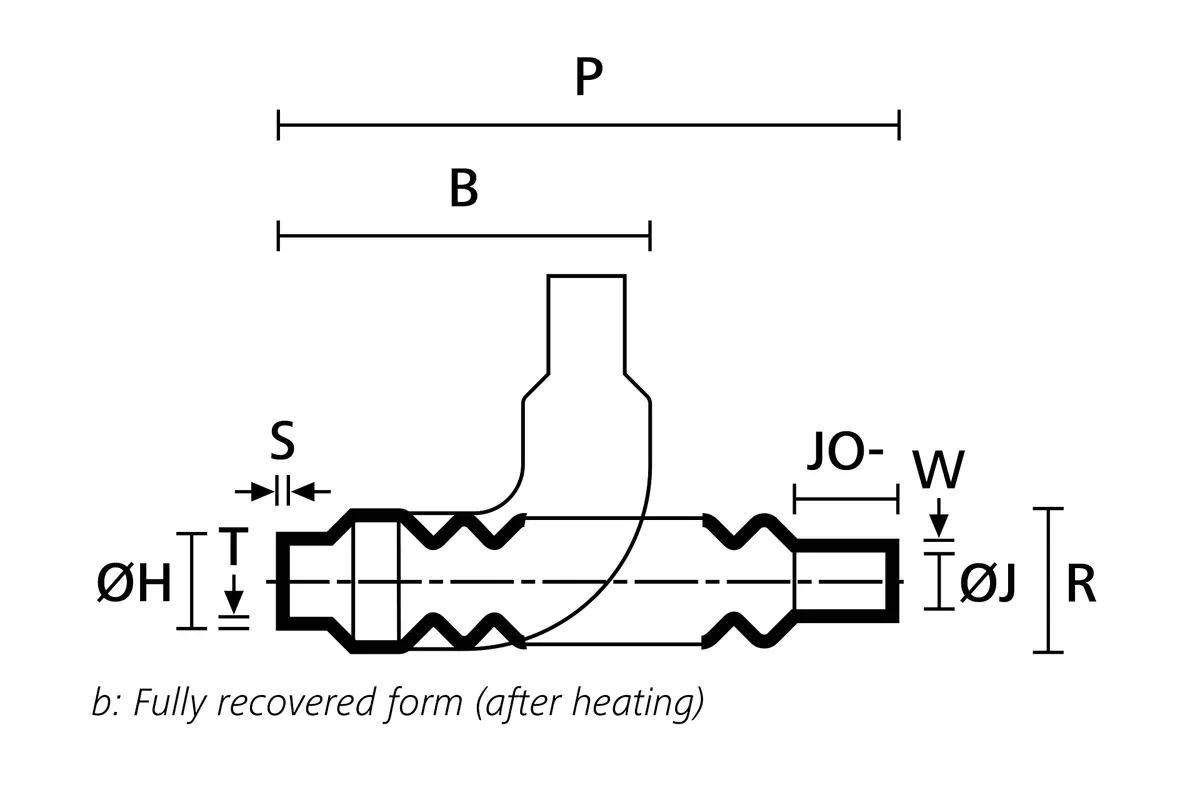 Technical drawing showing the fully recovered form of a low profile convolute heat shrink boot