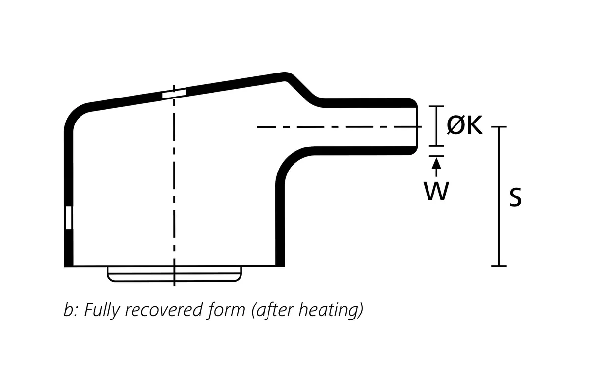 Technical drawing showing the fully recovered side view of a 90° heat shrink connector cover
