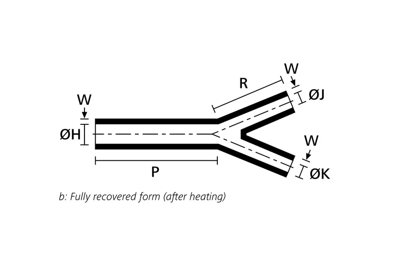 Technical drawing showing the fully recovered form of a low profile two way heat shrink outlet shape