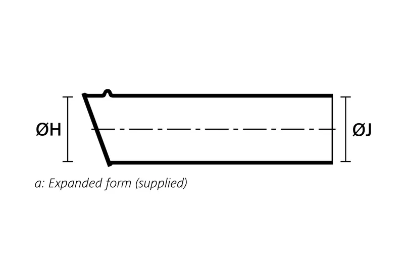 Technical drawing showing the expanded supplied form of a low profile right angle heat shrink boot with adapter lip