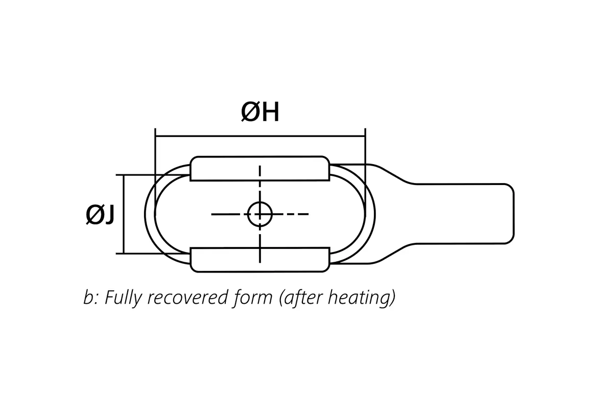 Technical drawing showing the fully recovered top view of a 90° heat shrink connector cover