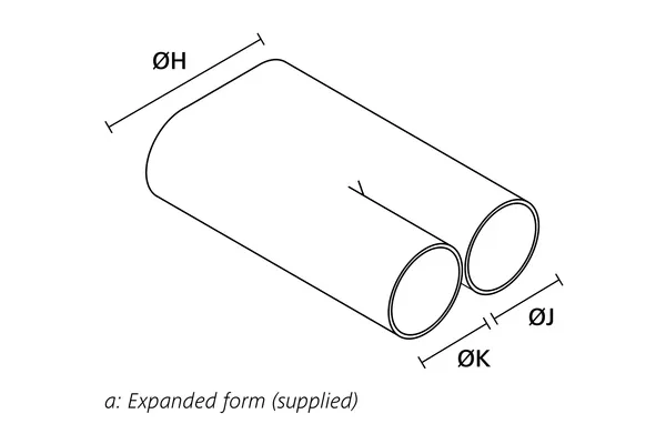 Technical drawing showing the expanded supplied form of a low profile heat shrink transition boot with side breakout