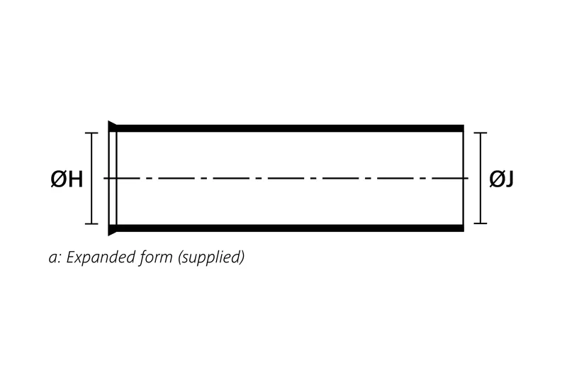 Technical drawing showing the expanded supplied form of a long outlet heat shrink molded shape with rib