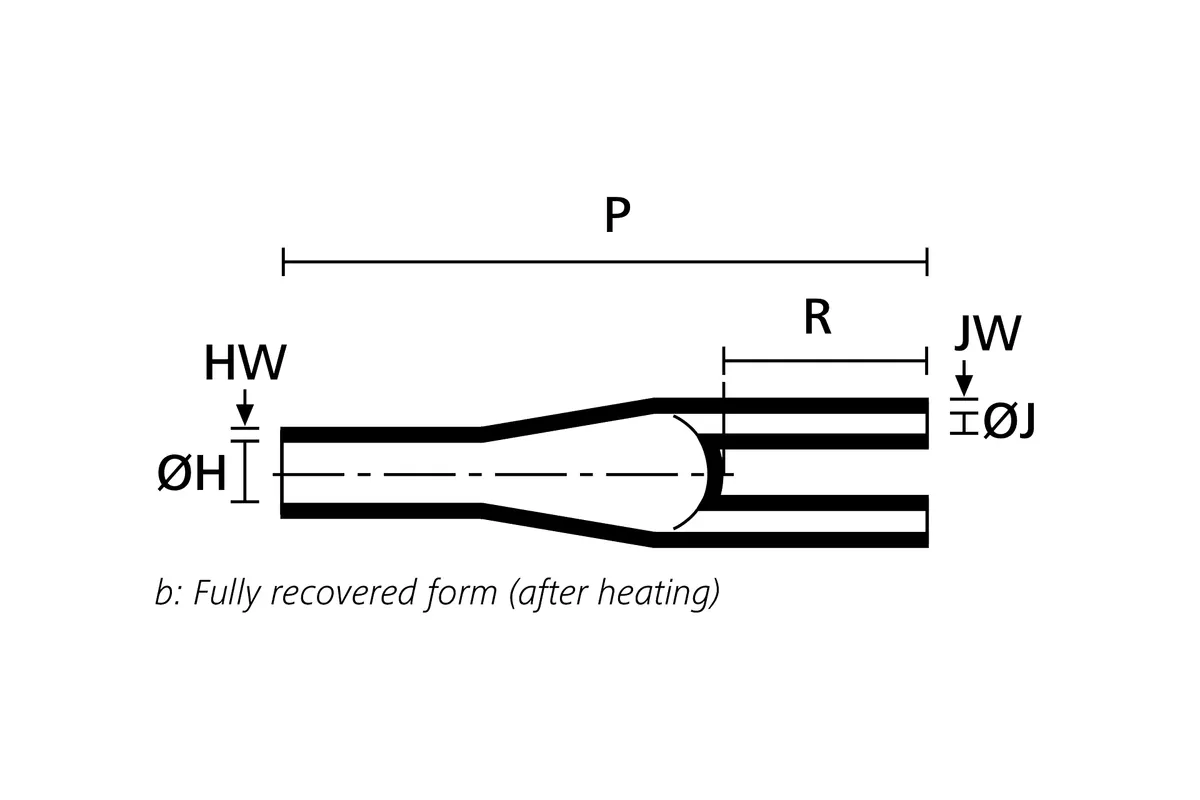 Technical drawing showing the fully recovered side view of a two way heat shrink outlet breakout boot