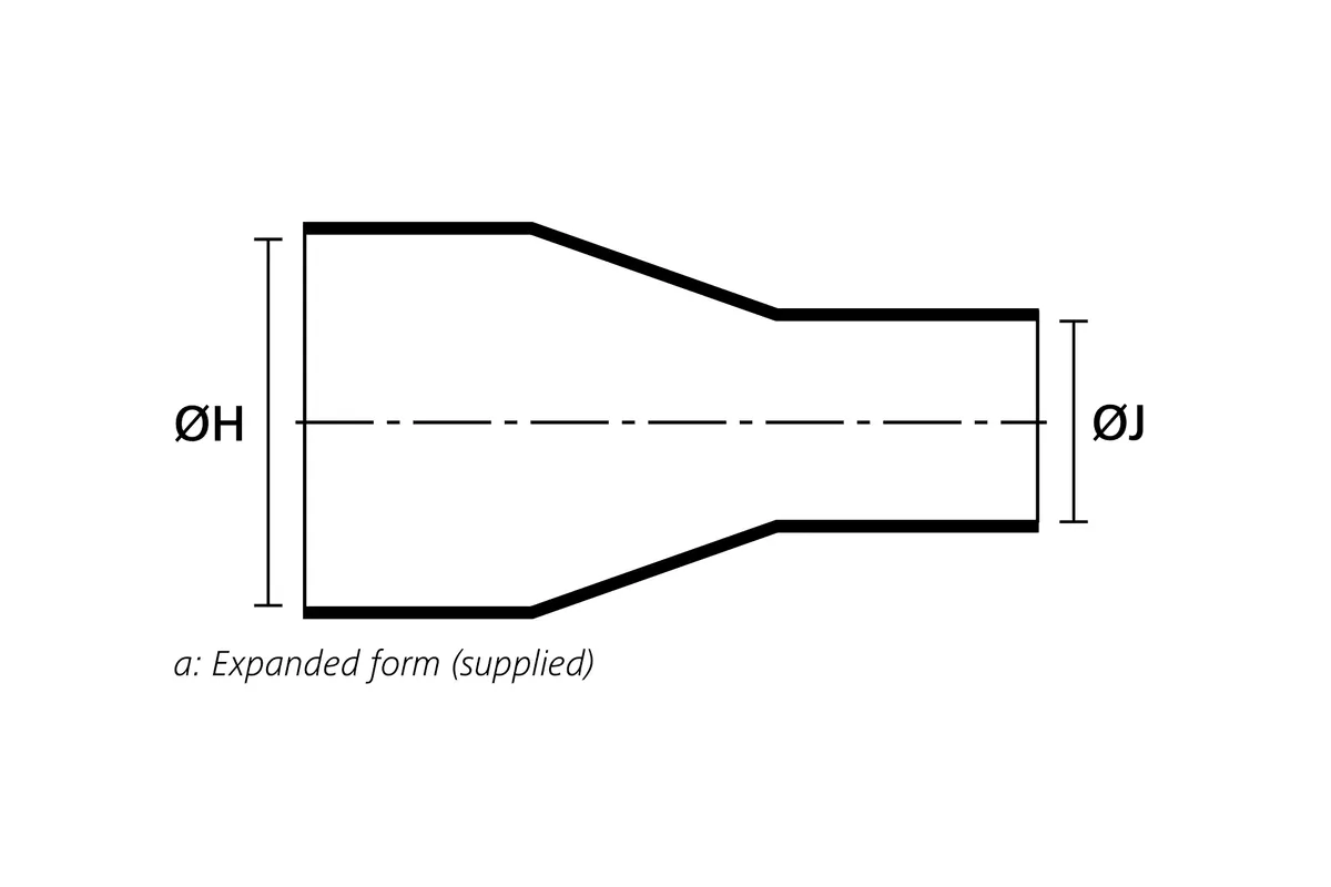 Technical drawing showing the expanded supplied form of a bottle shaped heat shrink molded shape without rib