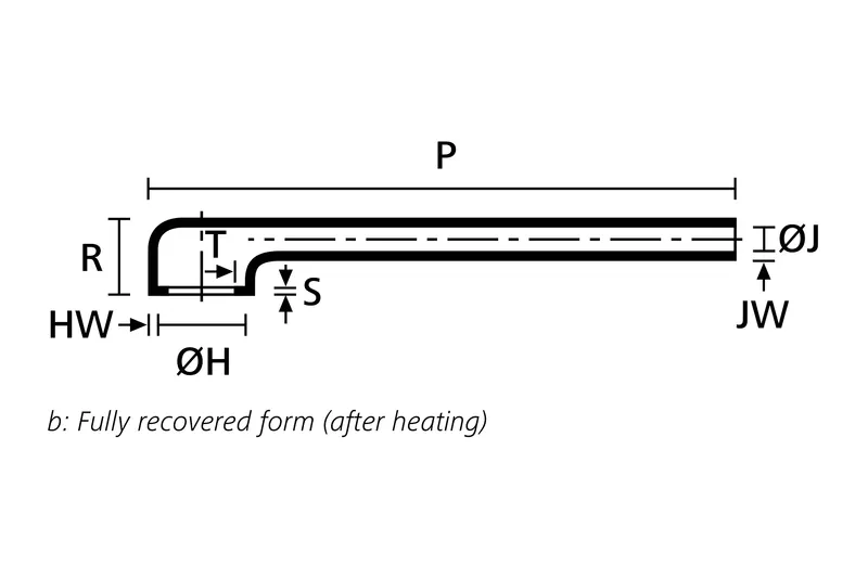 Technical drawing showing the fully recovered side view of a low profile right angle heat shrink boot
