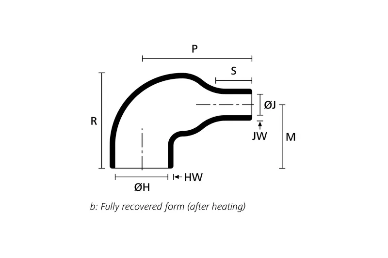 Technical drawing showing the fully recovered form of a right angle heat shrink molded shape without rib