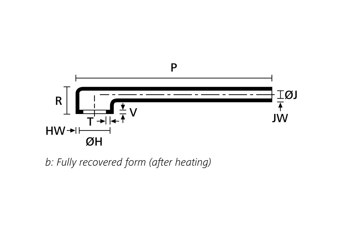 Technical drawing showing the fully recovered form of a low profile right angle heat shrink molded shape