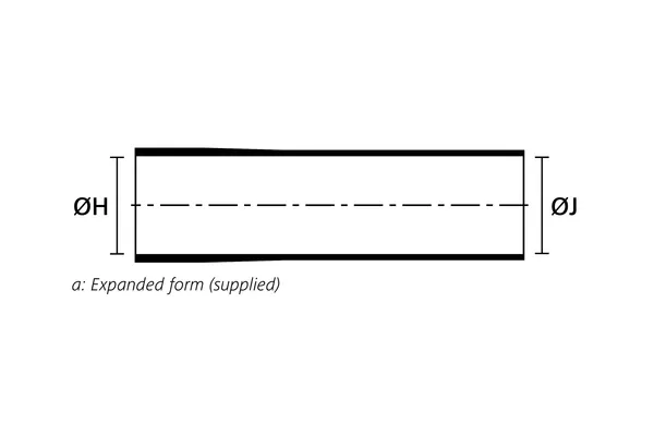 Technical drawing showing the expanded supplied form of a long outlet heat shrink molded shape without rib