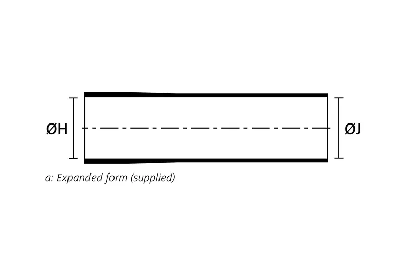 Technical drawing showing the expanded supplied form of a long outlet heat shrink molded shape without rib