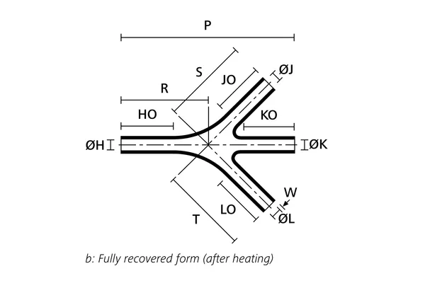 Technical drawing showing the fully recovered form of a low profile heat shrink transition boot